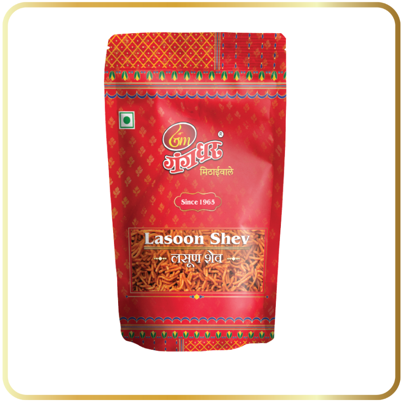 Buy spicy Lasoon Shev online – Maharashtrian garlic sev namkeen snack by Gangdhar Mithaiwale