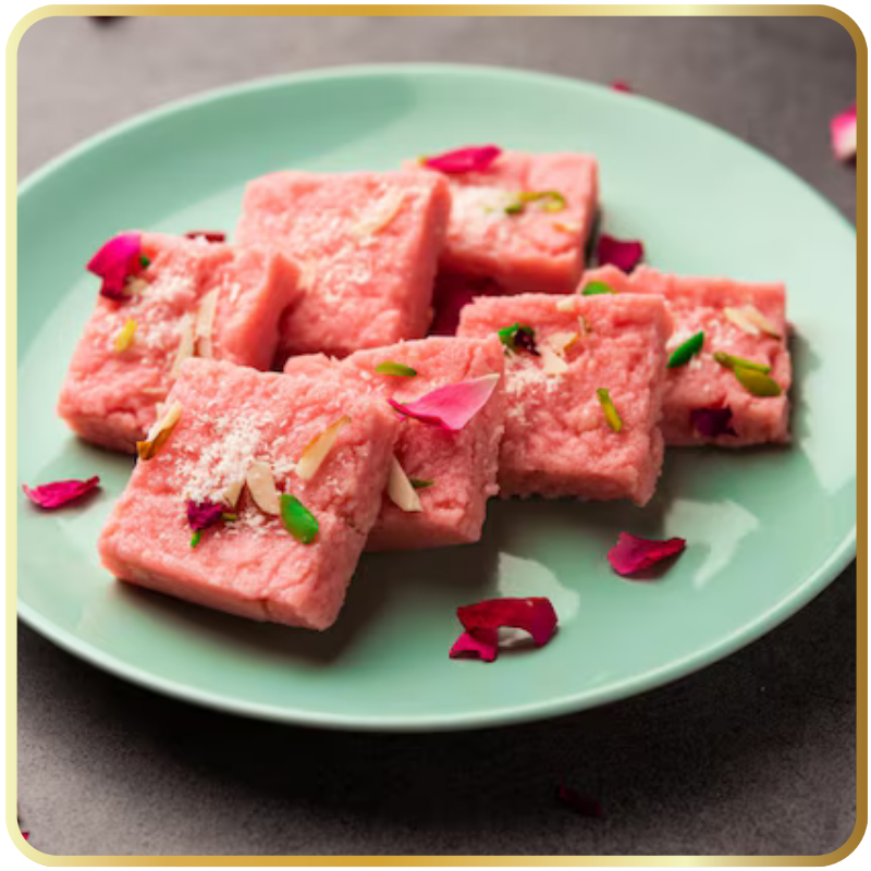 Gulkand Barfi – pink rose-flavored barfi with silver leaf by Gangdhar Mithaiwale