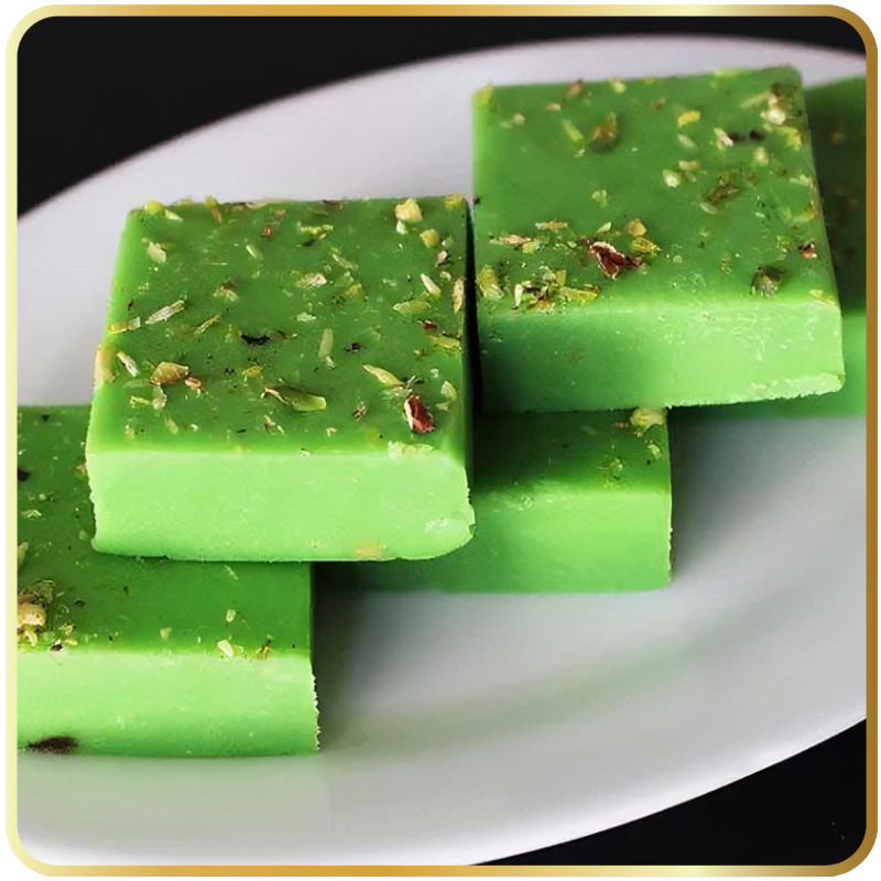 Pista Barfi – green pistachio sweet with silver leaf by Gangdhar Mithaiwale