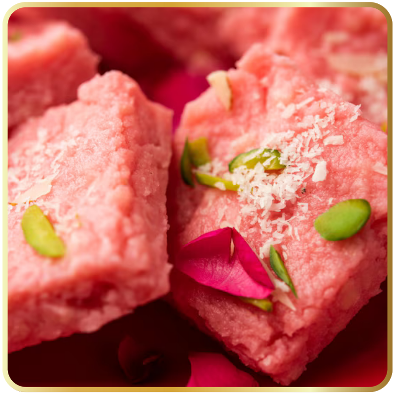 Gulkand Malai Barfi – rose-flavoured sweet with creamy texture