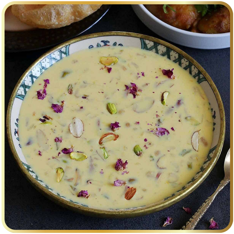 Basundi – traditional Indian milk dessert garnished with dry fruits