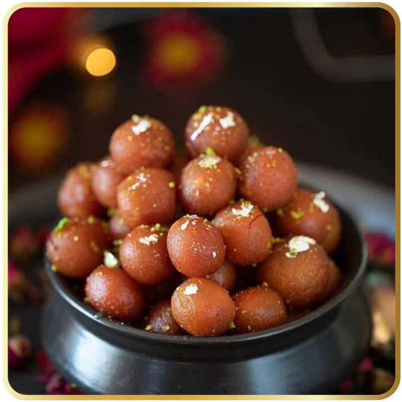 Mini Gulab Jamun – bite-sized khoya mithai in saffron syrup by Gangdhar Mithaiwale